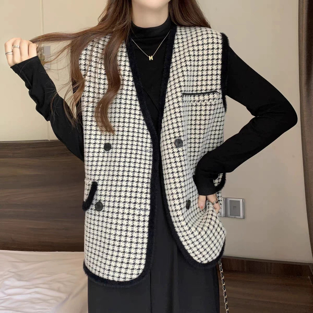 ZARA Chic Houndstooth Womens Sleeveless Knit Vest Loose Slim Faux Mink Top